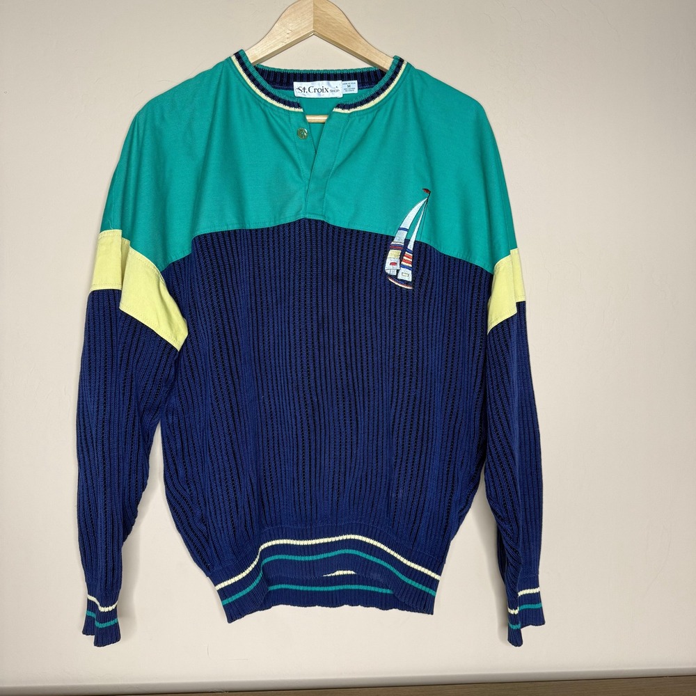 St. Croix Vintage 90s Colorblock Sailing Sailboat Pullover Sweater Size M - Picture 3 of 5